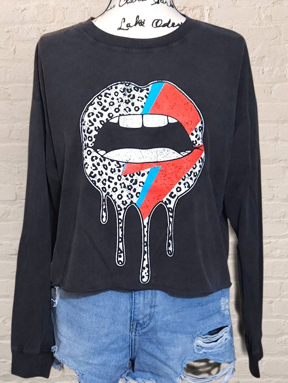 Zutter Dark Grey Cropped Graphic Long Sleeve Cotton Tee Glam Rock Leopard Lips